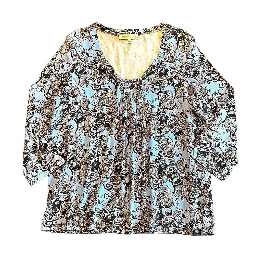 Jones New York Sport blue and black print front gather 3/4 sleeve top Large